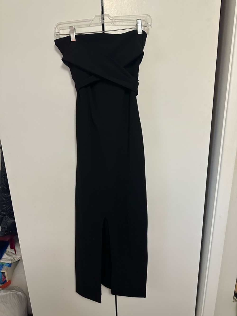 Lulu's Strapless Black Cross Over Midi/Maxi Dress with Front Slit & Bow Back